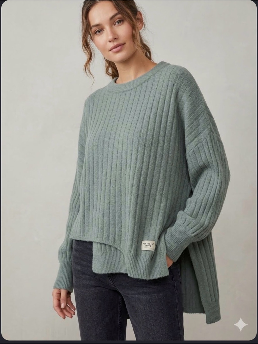 Aerie Womens XL Sage Green Rib-Knit Oversized Sweater Relaxed Fit Cozy